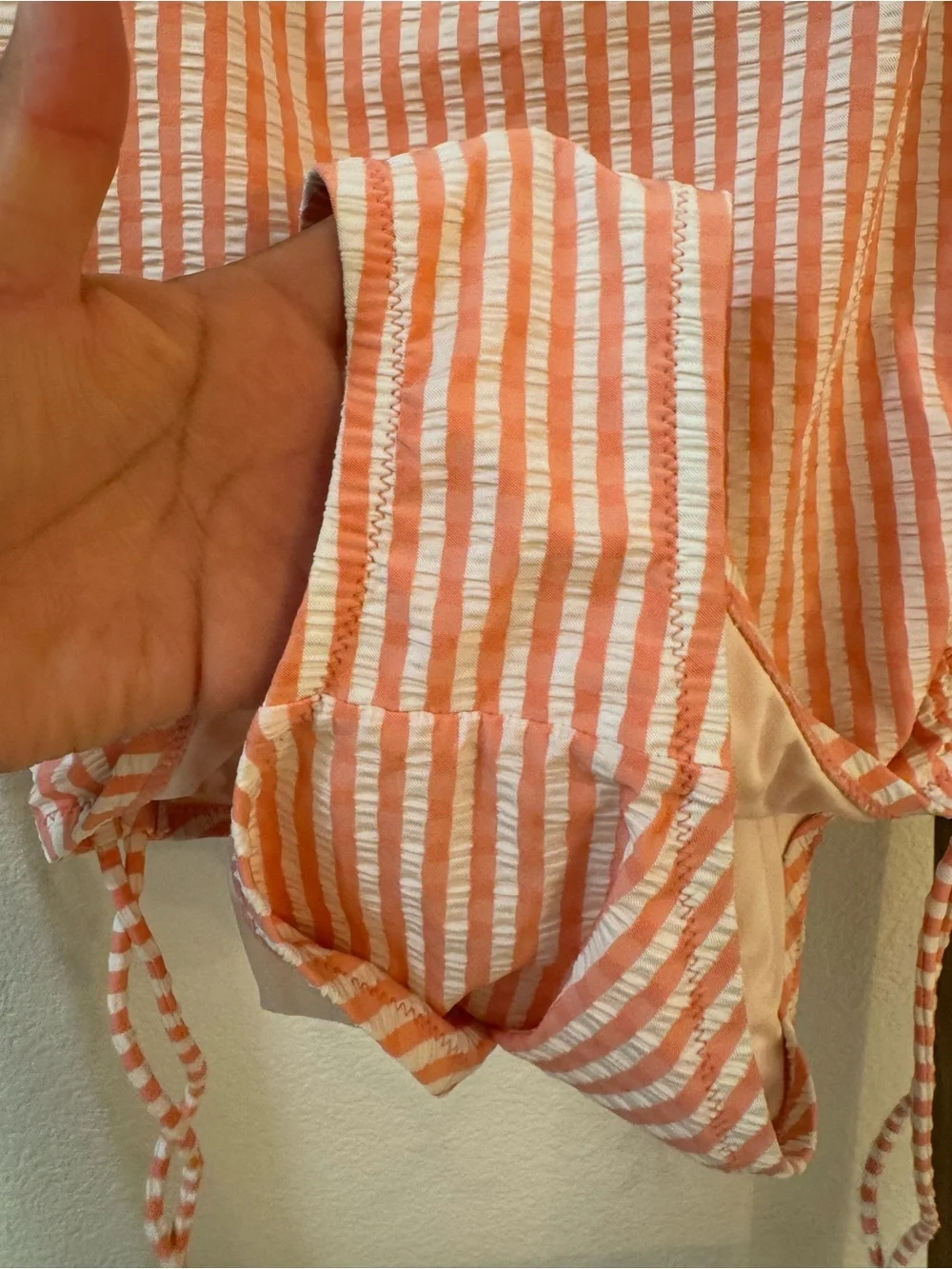 J.Crew Seersucker Striped in Coral One-Piece Swimsuit with Side Ties Sz M $110